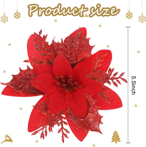 24 Pieces Poinsettia Christmas Decorations Glitter Poinsettia Flowers 5.5 Inch Poinsettias Artificial Christmas Flowers for Christmas Tree Ornamen...