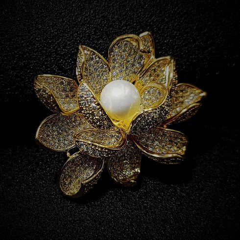 Sparkling Gold Tone Imitated White Pearl Zircon Lotus Flower Brooch Pin Ladies Jewelry...