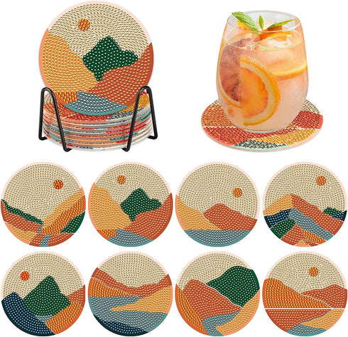 8 Pcs Diamond Painting Coasters Adults Kits with Holder,Sunset Mountain Landscape Diamond Painting Coasters Abstract Drinks Coasters Craft Supplie...