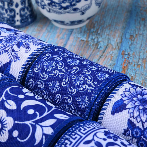 30 Yards Christmas White and Blue Wired Edge Ribbon Chinoiserie Ribbon Floral Bird Ribbon Fabric Ribbons for Crafts Wedding Wreath Bow Wrapping 2....