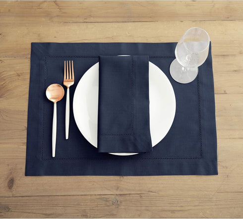 Solino Home Navy Placemats Set of 4 - Cotton Linen Hemstitch Placemats 14 x 19 Inch for Summer, Fall...