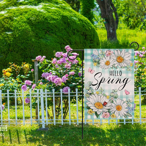 Hello Spring Daisy Flower Small Decorative Garden Flag, Floral Eucalyptus Leaves Teal Plaid Yard Lawn Outside Decor, Butterfly Farmhouse Burlap Ou...