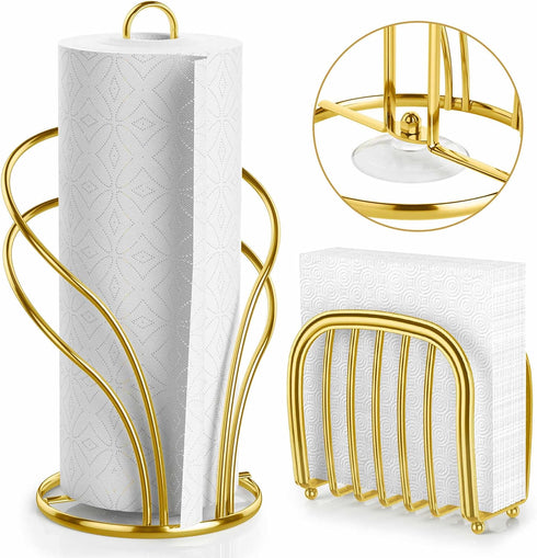 Paper Towel Holder Countertop, Stainless Steel Paper Towel Roll Holder and Paper Napkinholder Set, Standing Paper Towel Roll Holder Stand with Wei...