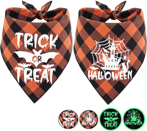 Glow in The Dark Halloween Dog Bandana Scarf, 2 Pack Holiday Fall Dog Bandanas Plaid Triangle Reversible Scarves Bibs for Small Medium Large Dogs ...