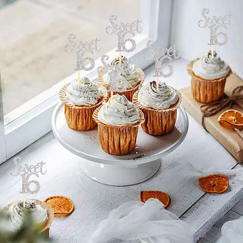 Ercadio Silver Sweet 16 Cupcake Toppers Glitter Age Sixteen Cupcake Picks 16th Birthday Party Cake Decorations Supplies 24 PCS...