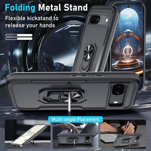 for Google Pixel 8a Case with Screen Protector + Camera Lens Protector,Heavy Duty Shockproof Full Body Protective Cover Built in Rotatable Metal R...