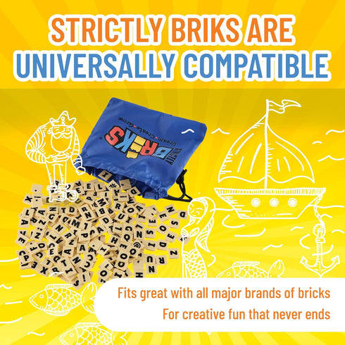 Strictly Briks AlphaBriks, 200 Pieces, 2x2 Alphabet Letter Bricks with Drawstring Bag, Easy to Remove, Fun and Educational Tool, 100% Compatible w...