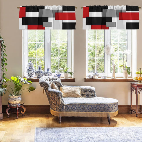 Emvency 2 Pack Valances Window Treatments Red and Black Geometry Abstract Modern Art Blackout Drapes Adjustable Curtain Valances for Windows Livin...