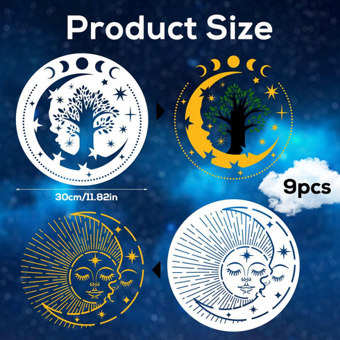 9pcs Mandala Sun and Moon Stencil, Star Sun and Moon Stencils Reusable Mandala Sun Stencils Decoration Moon Template for Painting Crafts Wood Wall...