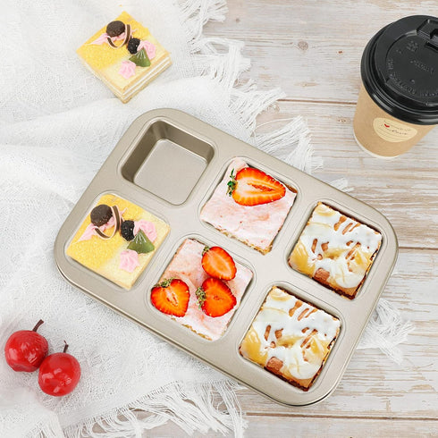 Beasea Brownie Pan, 1 Pack 6 Cavity Gold Nonstick Square Mini Brownie Muffin Cake Pan Cheesecake Cupcake Bakeware Carbon Steel Brownie Baking Tray...