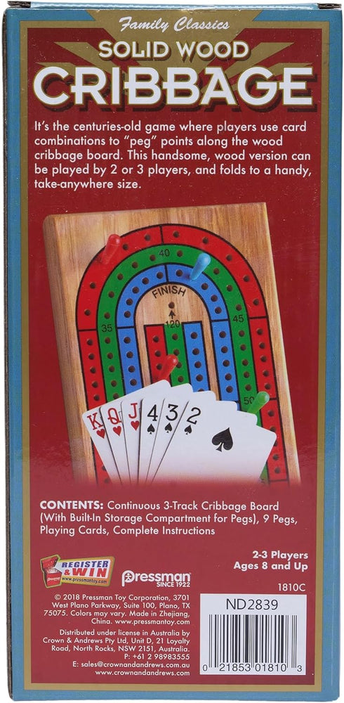 Family Classics Cribbage - Solid Wood Continuous 3 Track Board with Built-In Storage Compartment for Pegs...
