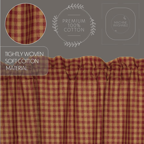 VHC Brands Check Cotton Primitive Kitchen Curtains Rod Pocket 16x60 Valance, Burgundy Red...