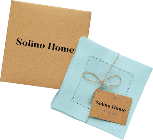 Solino Home Linen Cocktail Napkins 6 x 6 Inch – 100% Pure Linen Fabric Aqua Blue Cloth Napkins Set of 12 – Classic Hemstitch Beverage Cocktail Nap...