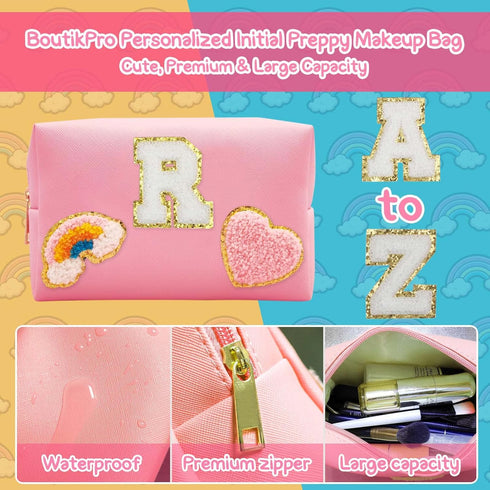 Personalized Inital Preppy Makeup Bag Set with Zipper, Monogram Waterproof Travel Cosmetic Bag for Women, Cute Preppy Patch Toiletry Bag for Trave...