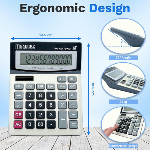 Empire Desk Calculator with Large Key Buttons, 12 Digits, Large Eye-Angled Display, Solar and Battery Powered for Home and Office (Battery Include...