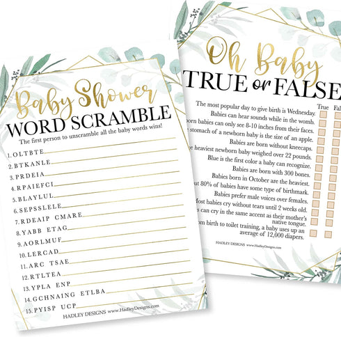 Hadley Designs Hilarious Baby Shower Games Set – 25 Double-Sided Cards for 25 Guests, 2 Games, Word Scramble Baby Shower Game, True or False, Gend...