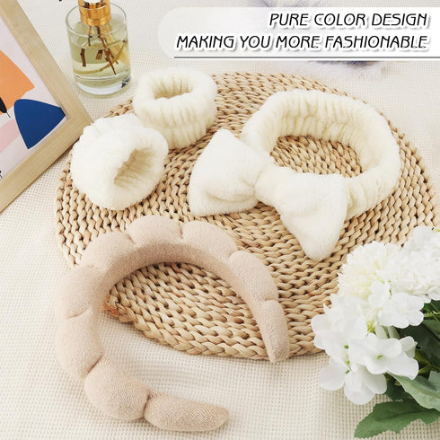 4Pcs Spa Headband for Washing Face Wristband Set Sponge Makeup Skincare Terry Cloth Headband Bubble Soft Get Ready Hairband Women Puffy Padded Hea...