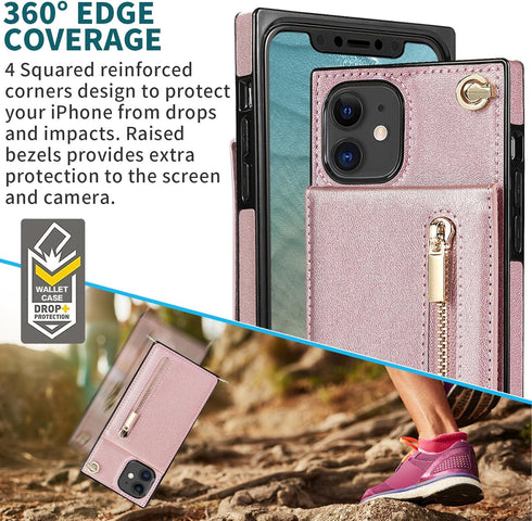 HOGGU Compatible for iPhone 11 Case Crossbody Strap, Leather Wallet with Card Holder,Kickstand,Magnetic Closure Flip Folio Zipper Purse, Protectiv...