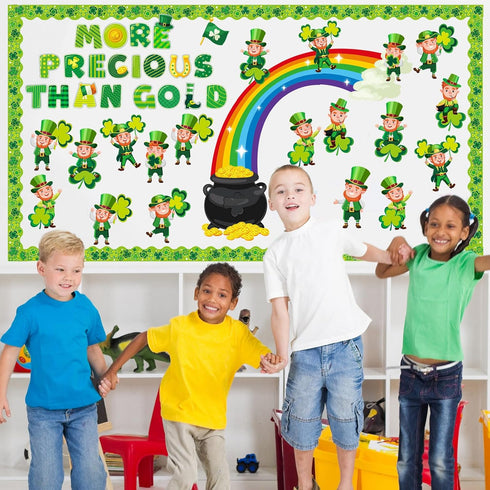 64 Pcs St. Patrick's Day Bulletin Board Decoration St. Patrick's Day Bulletin Board Cutout Lucky Shamrock Bulletin Board Border for Irish Clover C...