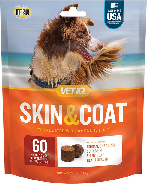 VetIQ Skin and Coat Supplement for Dogs, Helps Maintain Healthy Skin and Shiny Coat, Hickory Smoke Flavor Dog Chew, Made in The USA, 60 Count...