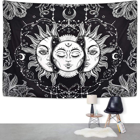 Ftuency Sun and Moon Tapestry, Black and White Tapestries Mystic Burning Sun with Star Wall Hanging decor for Bedroom (59" W x 51" L)...