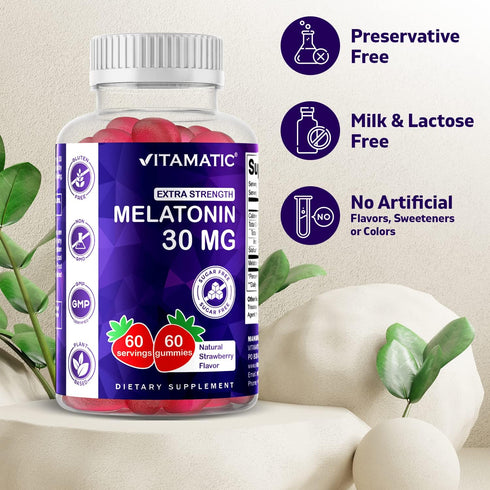 Vitamatic Sugar Free Melatonin 30mg per gummy - 60 Servings - 60 Vegetarian Gummies - Non-Habit Forming Supplement (1 Bottle)...