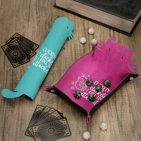 2pcs Cat Dice Rolling Tray Novelty Folding Leather Dice Holder Portable Dice Storage Accessories Decorative Desk Organizer Funny Gift for DND Game...