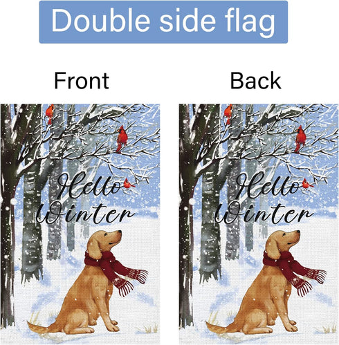 Louise Maelys Hello Winter Golden Dog Garden Flag 12x18 Double Sided, Burlap Farmhouse Small Cardinal Retriever Garden Yard Flags for Winter Seaso...