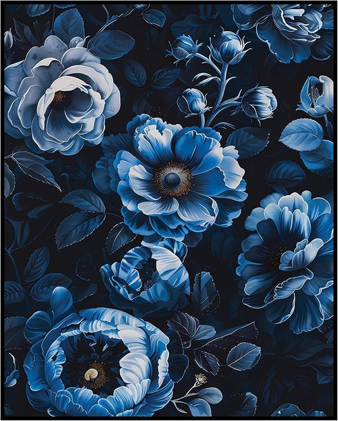 Posterizer 1 pcs-lush big blue flowers with dark background-Floral & Botanical Art-Abstract & Modern Art-Decor for Home & Office- UNFRAMED Wall Ar...