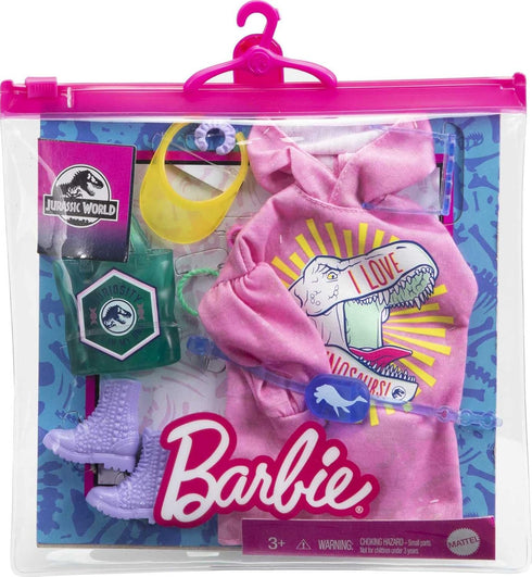 Barbie Fashion Pack of Doll Clothes Inspired by Jurassic World, Collectible Set includes Sweatshirt Hoodie Dress with Dinosaur Graphic & 8 Accesso...