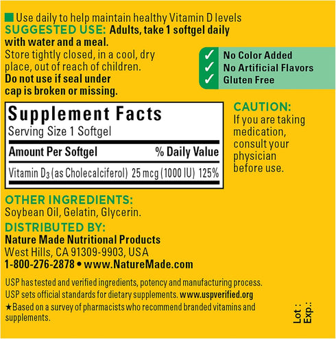 Nature Made Vitamin D3 1000 IU (25 mcg), Dietary Supplement for Bone, Teeth, Muscle and Immune Health Support, 100 Softgels, 100 Day Supply...