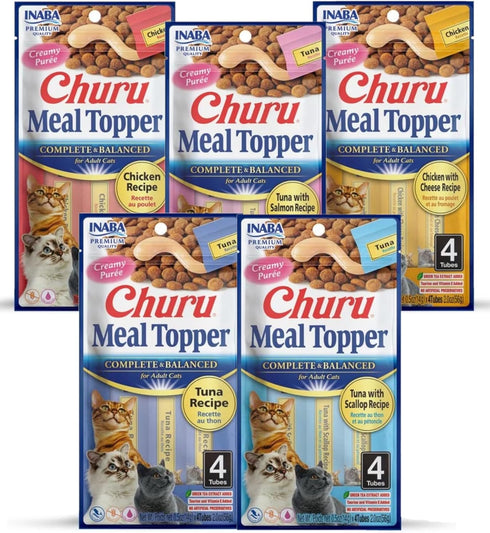 INABA Churu Meal Topper for Cats, Complete & Balanced, Creamy, Lickable Purée Cat Food Topper, 0.5 Ounce Tube, 20 Tubes (4 per Pack), 5 Flavor Var...