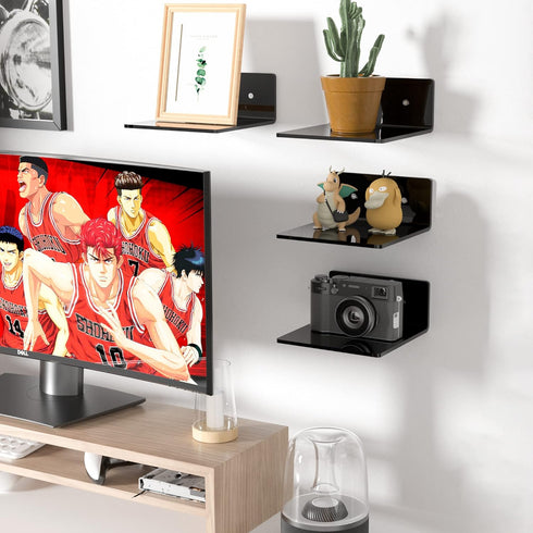 6 Inches Small Black Wall Shelves Set of 2, Wall Mounted Display Shelf Rack for Bedroom, Living Room, Smart Speaker, Clock, Decoration, 2 Pack...