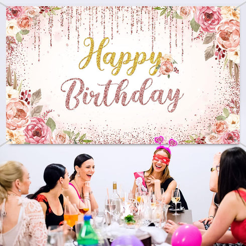 Happy Birthday Backdrop Decorations for Women Background Party Supplies Rose Backdrop Photography for Girls Boys Floral Glitters Banner Wedding Ba...