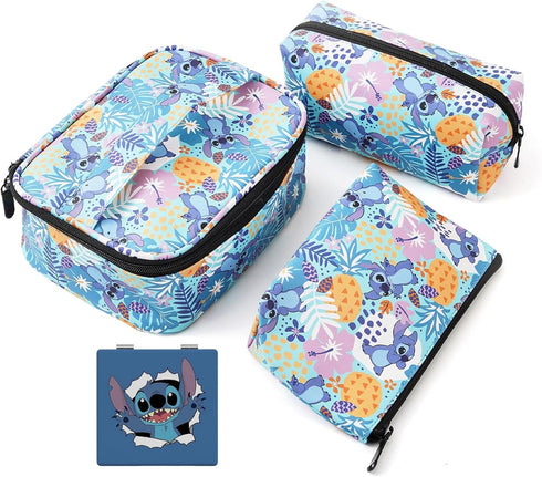 MRSP 3 sets makeup bag+Double Sided Cosmetic Mirror travel small cosmetic case portable with multifunctional waterproof Organizer bag for women St...