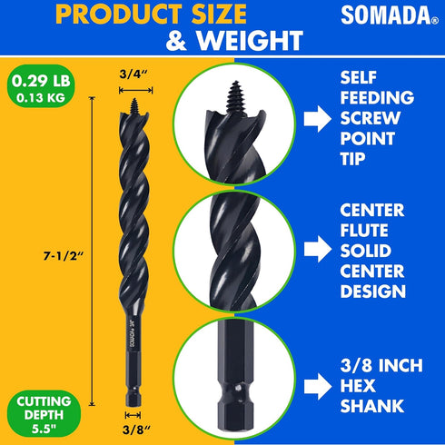 3/4-Inch x 7-1/2-Inch Triple-Cut Black Auger Drill Bit for Wood, Quick Change Hex Shank 3/8-Inch, Precision Drilling in Soft and Hard and Wood for...