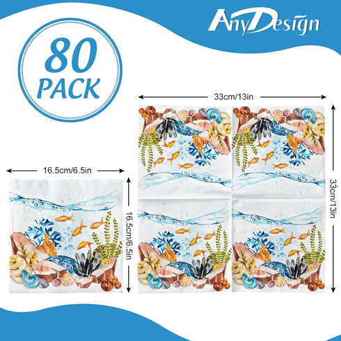 AnyDesign 80PcsMarine Life Landscape Paper Napkins Under the Sea Disposable Luncheon Napkins Summer Dessert Dinner Hand Napkin for Table Supplies,...