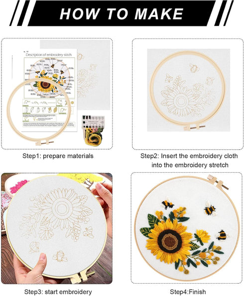 Lukinbox Embroidery Kits for Beginners Adults, 3 Sets Embroidery Starter Kit Include 3 Stamped Embroidery Clothes with Floral and Bee Pattern, 1 E...