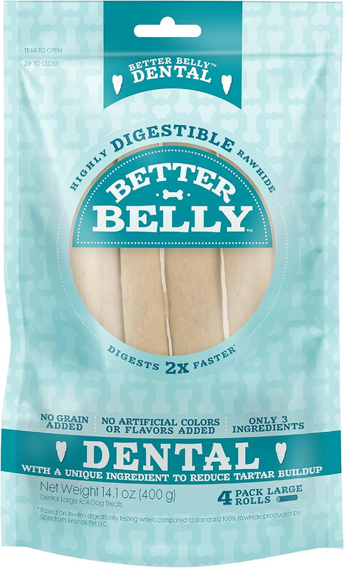Better Belly Highly Digestible Rawhide Dental Chews, Treat Your Dog to a Chew with NO Artificial Colors or Flavors 4 Count (Pack of 1)...