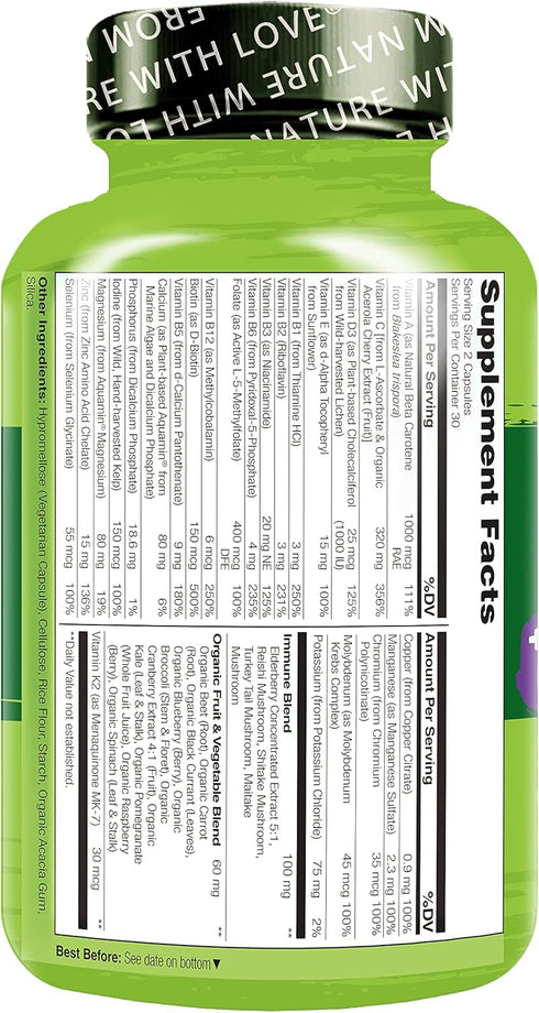 NATURELO Whole Food Multivitamin + Immune Blend with Elderberry & Mushrooms - Complete Multivitamin with Extra Immune Support - C, D3, Zinc, Elder...