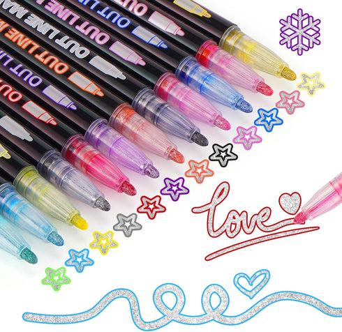 Double Outline Glitter Marker: Teen Girl Gifts Trendy Stuff, 12 Colors Metallic Super Sparkle Shimmer Pens for Scrapbook School Art Supplies, Draw...