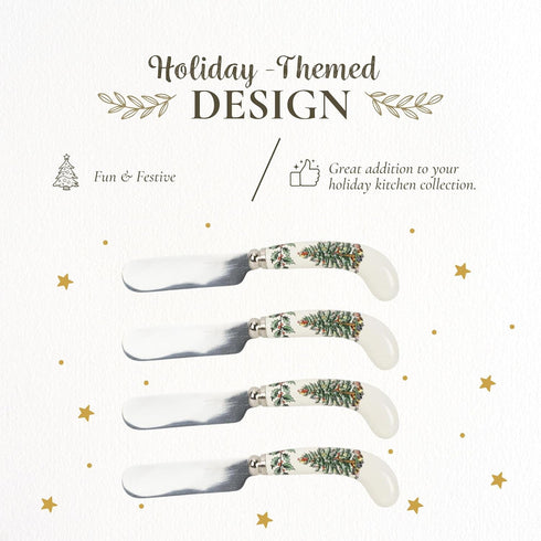 Spode Christmas Tree Cheese Spreaders (Set of 4) - 4.75" Stainless Steel Butter Knife with Porcelain Handle for Jam, Pastry, Butter Knife - Holida...