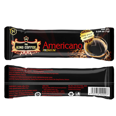 TNI King Coffee Americano Premium, Medium Roast Vietnamese Coffee, Finely-ground, Mild acidity, 15 sticks x 1g (0.04oz), Pack of 1...