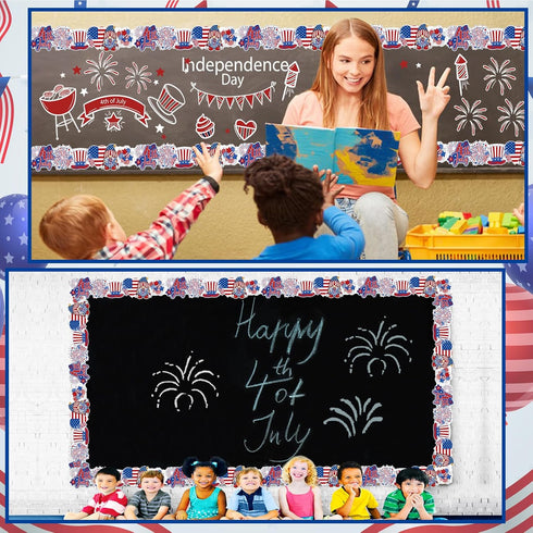 4th of July Bulletin Board Border, 65.6Ft Red Blue White Patriotic Borders for Bulletin Board Patriotic Gnome Star Trim Border Roll for Independen...