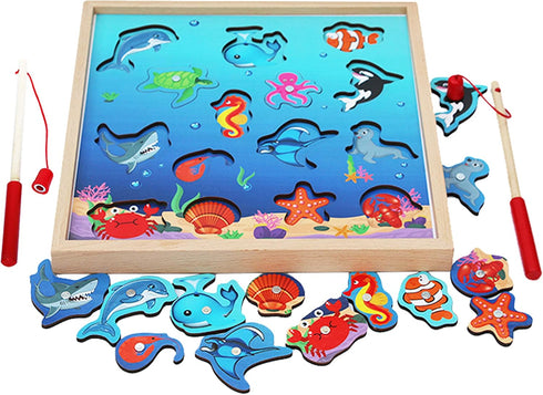 TOWO Wooden Fishing Game-Magnetic Fishing Puzzles with Numbers Jigsaw Puzzle- Sea Creatures Kids Fishing Game Educational Toys for 3 years old Mat...