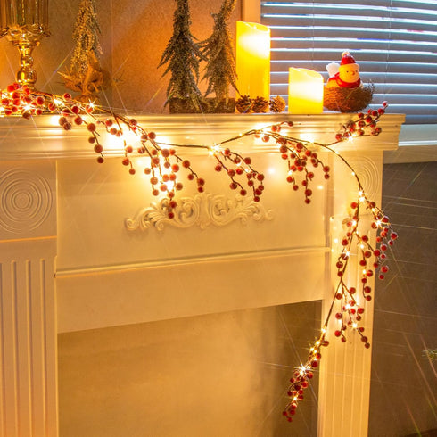 Vanthylit 6FT Red Berry Garland Lights, Battery Operated Christmas Garland with Timer, Lighted Berries Garland Decorations for Holiday Fireplace M...