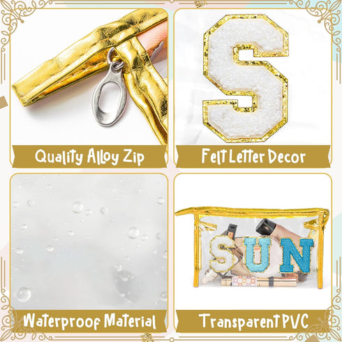 Y1tvei Clear SUN Makeup Bag - Preppy Blue SUN Chenille Varsity Letter Cosmetic Bag PVC Transparent Zipper Waterproof Beach Makeup Carry Pouch Port...