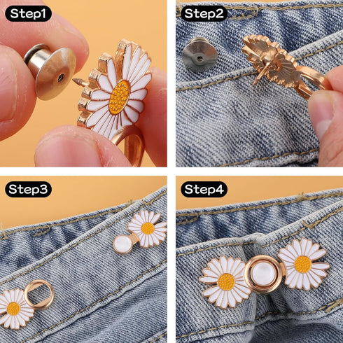 4 Pack Pant Waist Tightener Daisy Detachable Jeans Pins No Sew Adjustable Pants Waist Adjuster Buttons Flower Instant Jeans Tighten Clips for Wome...