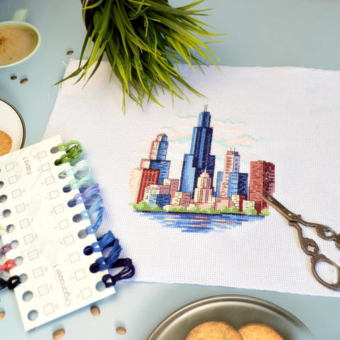 Povitrulya Counted Cross Stitch Kit for Adults “Chicago” - Chi-Town Cityscape Hand Embroidery Set with Pattern, 14-Count Aida Cloth and Pre-Sorted...