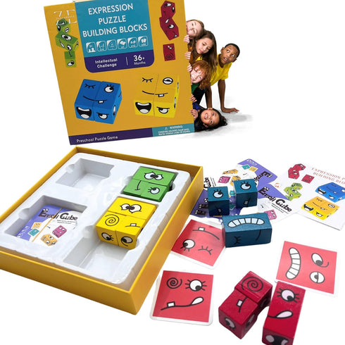 ZE ZONEXPRESS© - Expression Puzzle Building Blocks - Wooden Face Montessori - Face-Changing Magic Cube Challenge and Logical Thinking Training Boa...